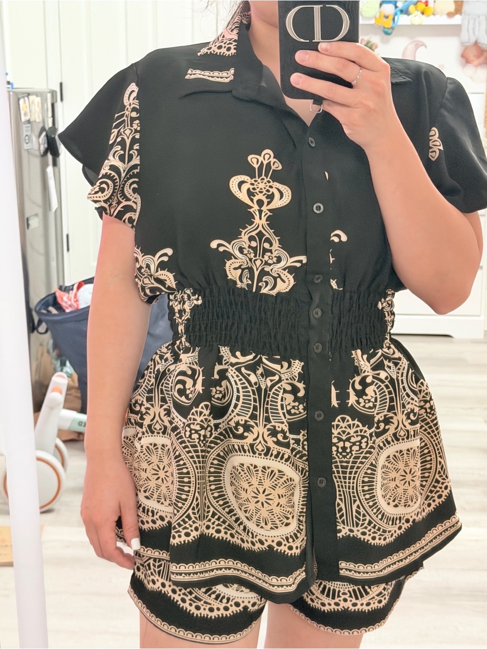 Black and Cream Button-Front Smocked-Waist Women's set 2 pieces